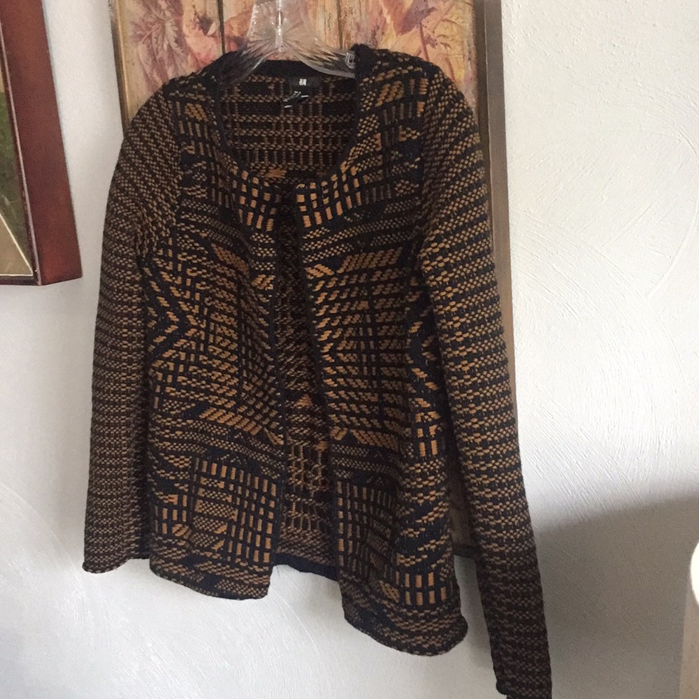 HM H&M STRETCH BOHO PATTERN OPEN WOVEN BLAZER JACKET TAN BLACK TRIBAL SOHO XS - Picture 6 of 13